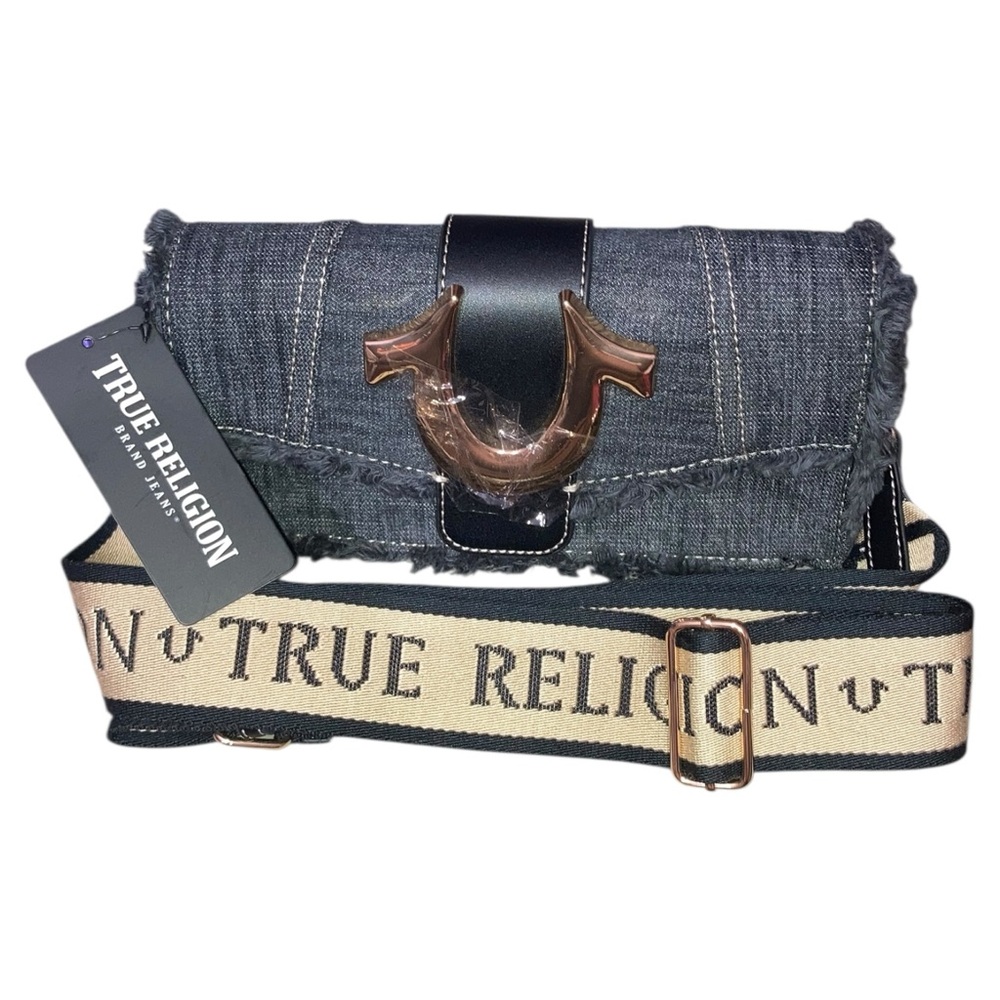 NEW $98 True Religion Black Frayed Denim Flap Handbag Purse